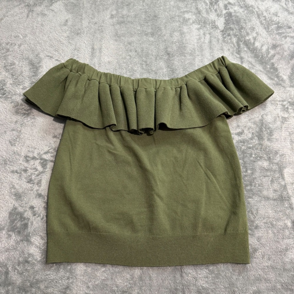 J.Crew Womens Olive Green Ruffle Off The Shoulder Knit Top Viscose Blend Size S
